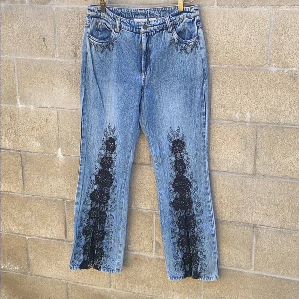 Jeanology vintage handmade beaded and lace jeans
